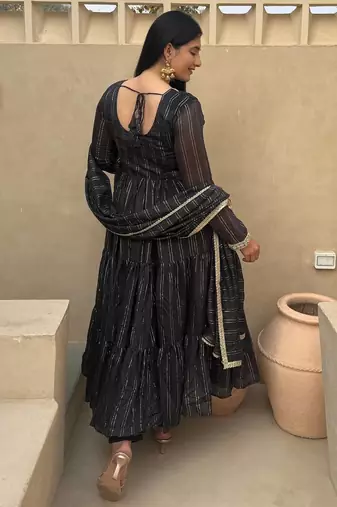 Black heavy brocade party wear embroidery anarkali suit set