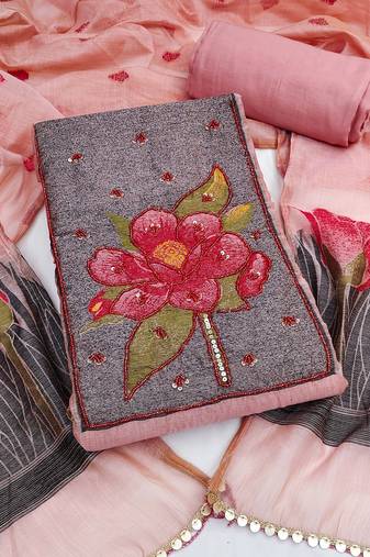 women's baby pink unstitched pure banarasi cotton dress material & woven dupatta