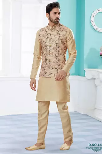 Peach jacquard digital printed jacket kurta pajama set with fancy buttons.
