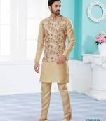 Peach jacquard digital printed jacket kurta pajama set with fancy buttons.