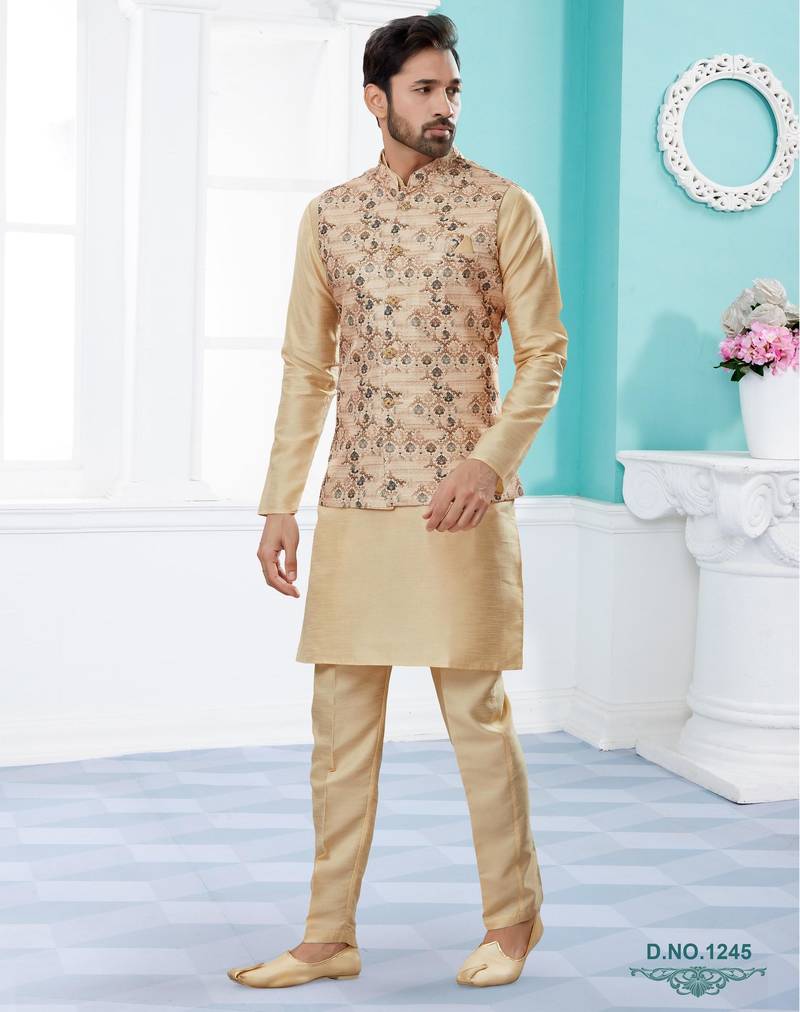 Peach jacquard digital printed jacket kurta pajama set with fancy buttons.