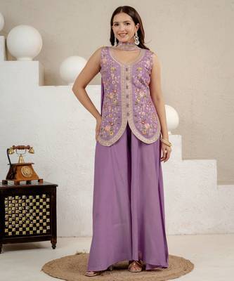 Lavender heavy roman silk party wear embroidery sharara suit set 1