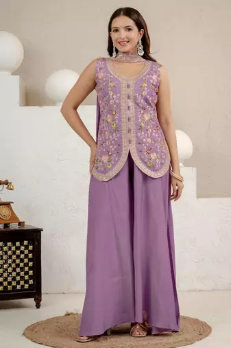 Lavender heavy roman silk party wear embroidery sharara suit set