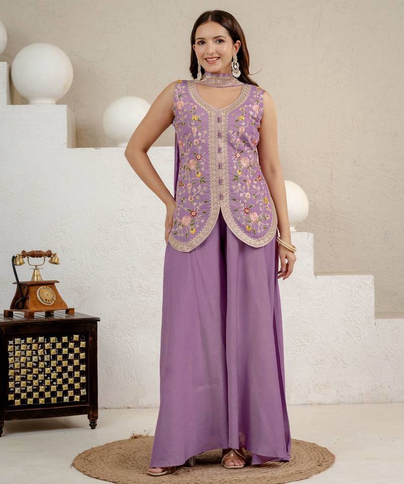 Lavender heavy roman silk party wear embroidery sharara suit set
