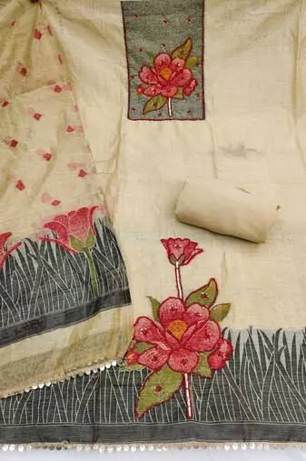 women's beige unstitched pure banarasi cotton dress material with woven dupatta
