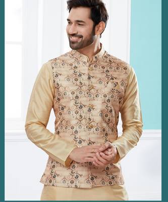 Peach jacquard digital printed jacket kurta pajama set with fancy buttons. 2