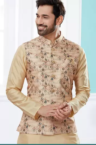 Peach jacquard digital printed jacket kurta pajama set with fancy buttons.