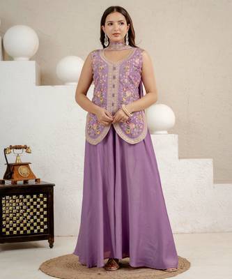 Lavender heavy roman silk party wear embroidery sharara suit set 2