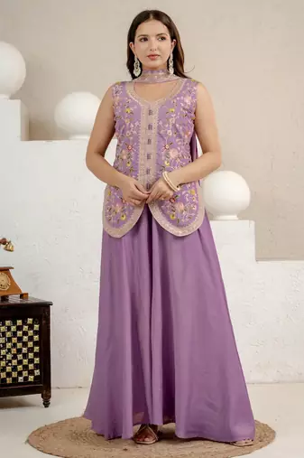 Lavender heavy roman silk party wear embroidery sharara suit set