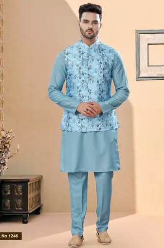 Sky blue jacquard digital print jacket kurta pajama set with fancy buttons.