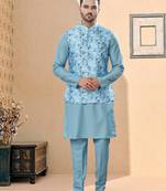 Sky blue jacquard digital print jacket kurta pajama set with fancy buttons.