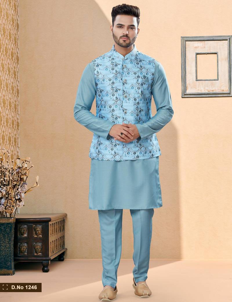 Sky blue jacquard digital print jacket kurta pajama set with fancy buttons.