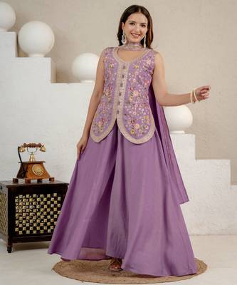 Lavender heavy roman silk party wear embroidery sharara suit set 3