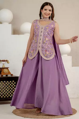 Lavender heavy roman silk party wear embroidery sharara suit set