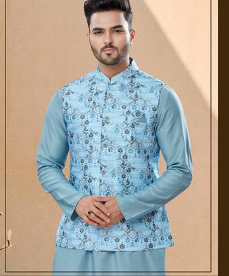 Sky blue jacquard digital print jacket kurta pajama set with fancy buttons. 2