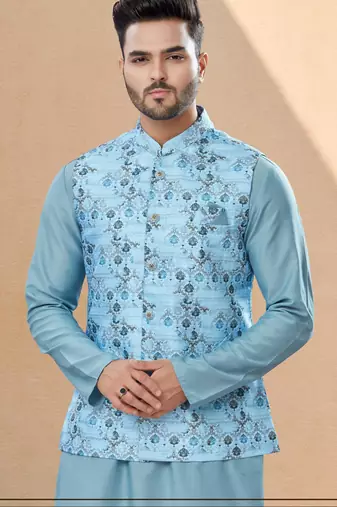 Sky blue jacquard digital print jacket kurta pajama set with fancy buttons.