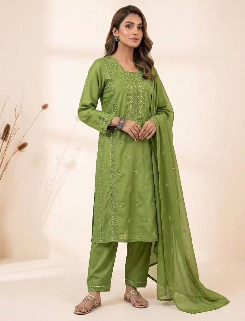 sea green  color embroidered and sequence wrok silk blend salwar suit