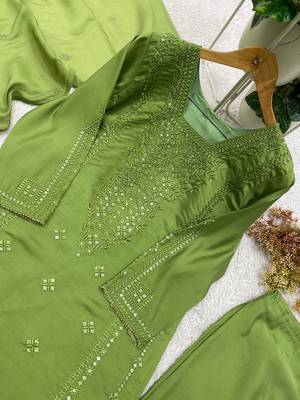 sea green  color embroidered and sequence wrok silk blend salwar suit 2