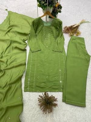 sea green  color embroidered and sequence wrok silk blend salwar suit 4