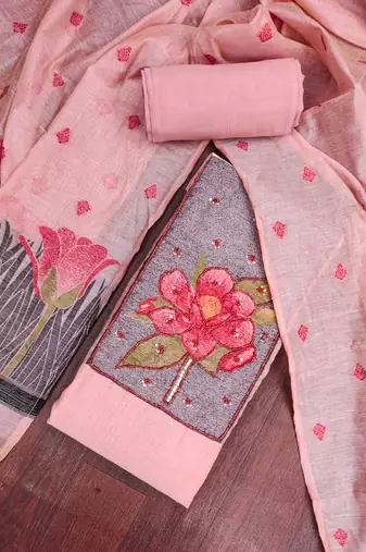 women's baby pink unstitched pure banarasi cotton dress material & woven dupatta