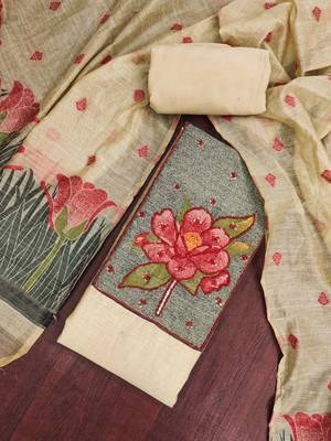 women's beige unstitched pure banarasi cotton dress material with woven dupatta 4
