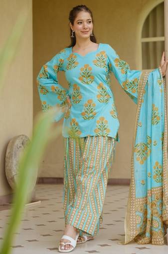 Sky pure cameric cotton party wear embroidery suit set