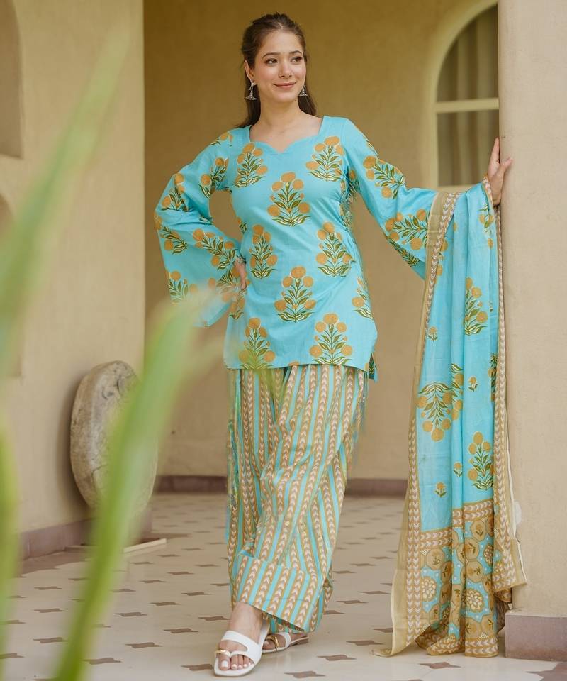Sky pure cameric cotton party wear embroidery suit set