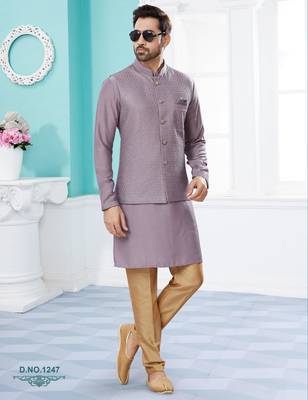 Purple heavy banarasi resham jacquard computer embroidered jacket kurta pajama set. 1