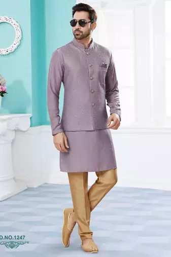 Purple heavy banarasi resham jacquard computer embroidered jacket kurta pajama set.