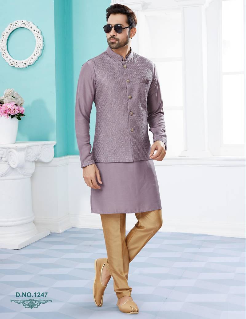 Purple heavy banarasi resham jacquard computer embroidered jacket kurta pajama set.