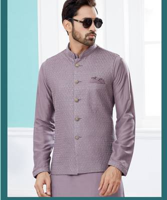 Purple heavy banarasi resham jacquard computer embroidered jacket kurta pajama set. 2