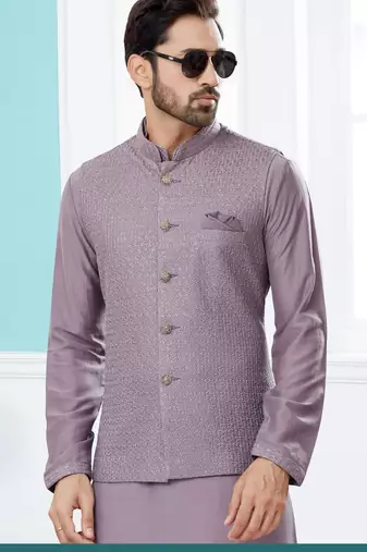 Purple heavy banarasi resham jacquard computer embroidered jacket kurta pajama set.