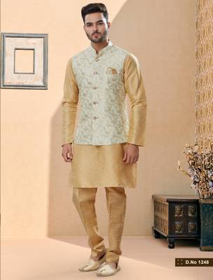 Cream heavy banarasi jacquard jacket kurta pajama set with fancy buttons. 1