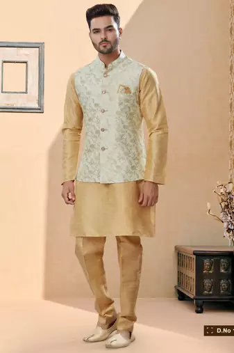 Cream heavy banarasi jacquard jacket kurta pajama set with fancy buttons.