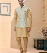 Cream heavy banarasi jacquard jacket kurta pajama set with fancy buttons.