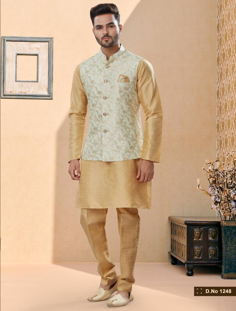 Cream heavy banarasi jacquard jacket kurta pajama set with fancy buttons.