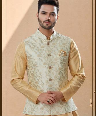 Cream heavy banarasi jacquard jacket kurta pajama set with fancy buttons. 2