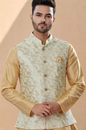 Cream heavy banarasi jacquard jacket kurta pajama set with fancy buttons.
