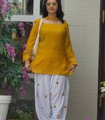 Yellow heavy roman cotton party wear embroidery farshi salwar suit set