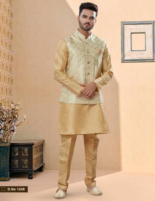 Gold colour heavy banarasi jacquard jacket kurta pajama set with fancy buttons. 1