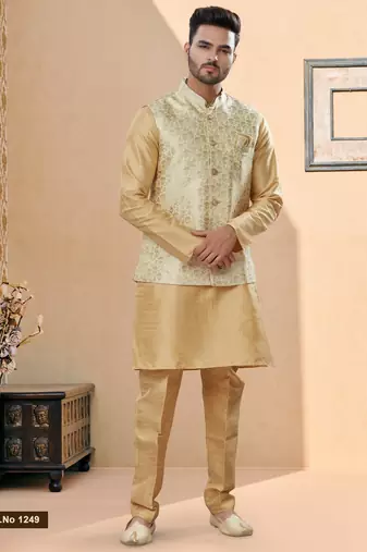 Gold colour heavy banarasi jacquard jacket kurta pajama set with fancy buttons.