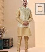 Gold colour heavy banarasi jacquard jacket kurta pajama set with fancy buttons.