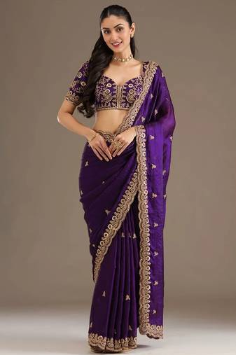Bewitching purple tissue silk zari and sequins embroidered indian latest design bollywood saree