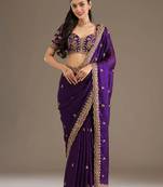Bewitching purple tissue silk zari and sequins embroidered indian latest design bollywood saree