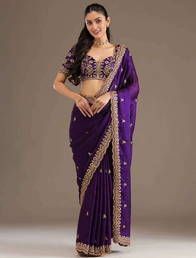 Bewitching purple tissue silk zari and sequins embroidered indian latest design bollywood saree