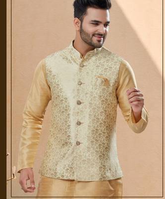 Gold colour heavy banarasi jacquard jacket kurta pajama set with fancy buttons. 2