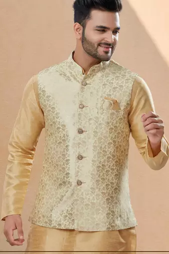 Gold colour heavy banarasi jacquard jacket kurta pajama set with fancy buttons.