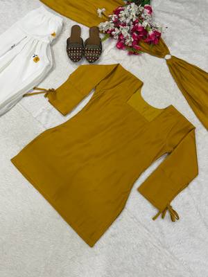 Yellow heavy roman cotton party wear embroidery farshi salwar suit set 4
