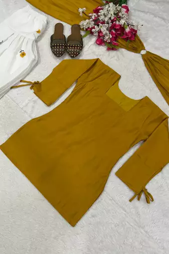 Yellow heavy roman cotton party wear embroidery farshi salwar suit set