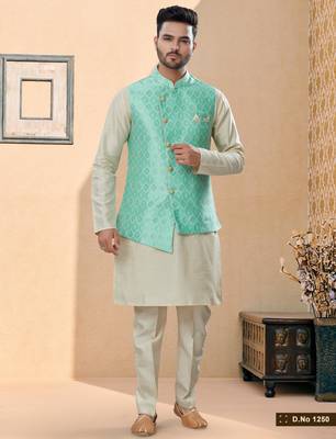Firozi colour heavy banarasi jacquard jacket kurta pajama set with fancy buttons. 1